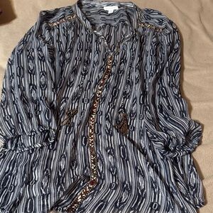 Charter Club Navy and White Patterned Blouse